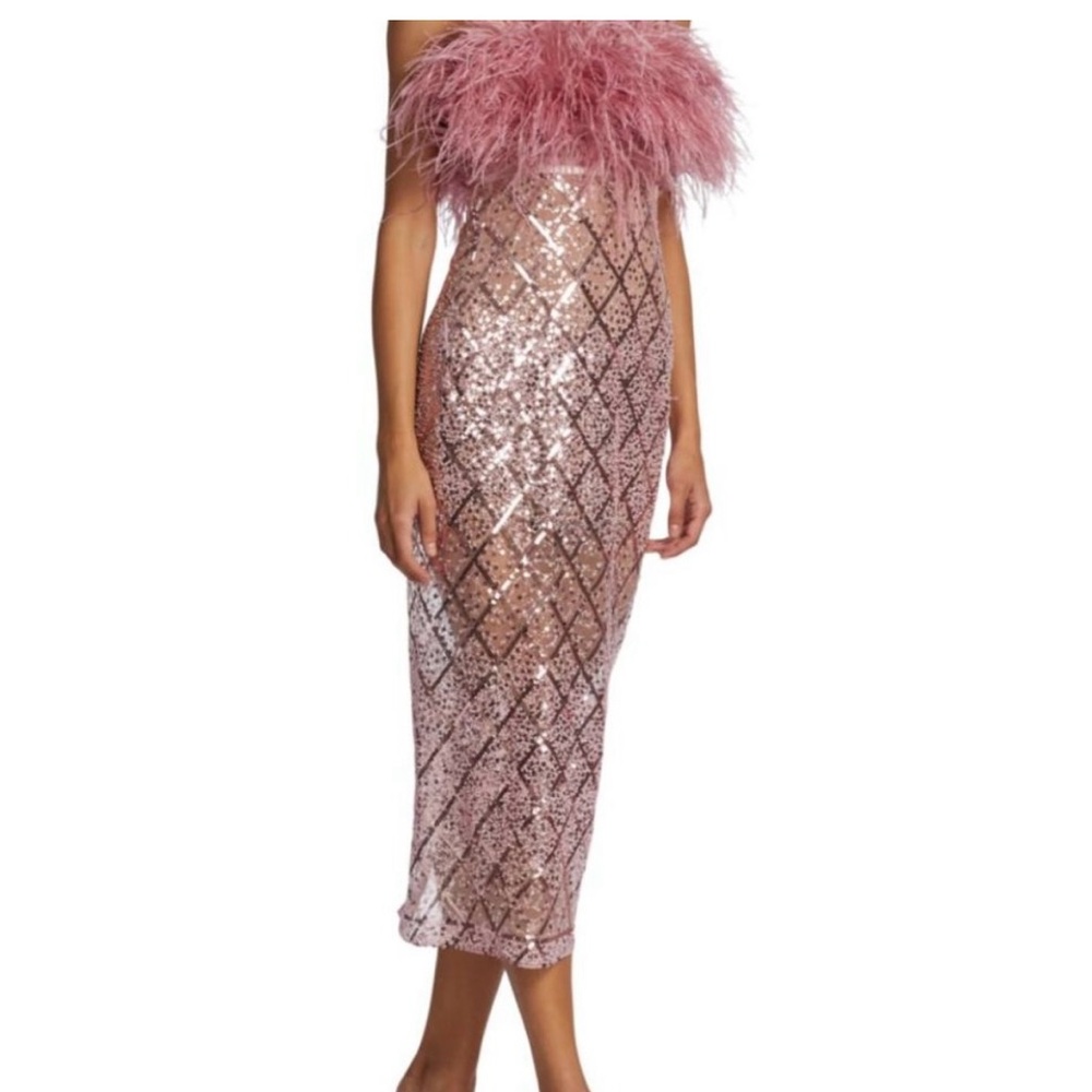 Bronx and Banco mid length dress. Pink sparkles with feathers